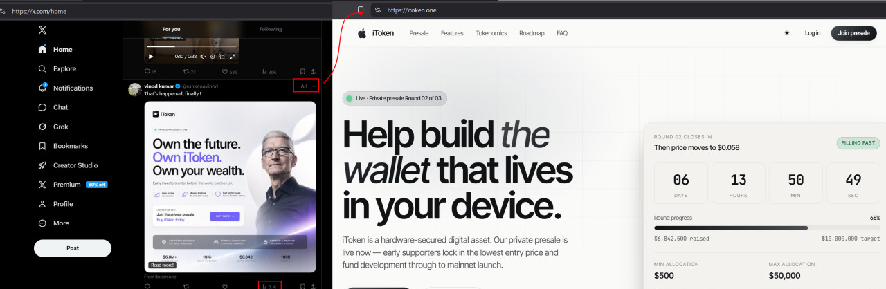 Screenshot of fake website itoken[.]one being promoted via Twitter/X via adverts