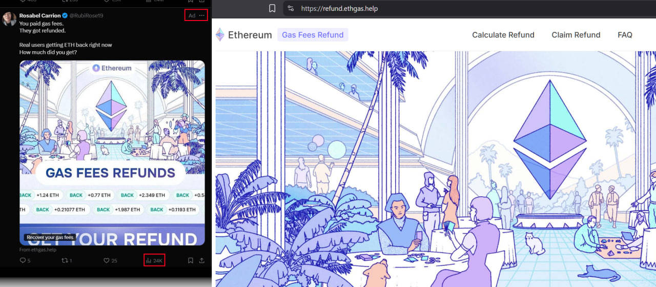 Screenshot of fake website ethgas[.]help promoted in the Twitter/X social media via ads