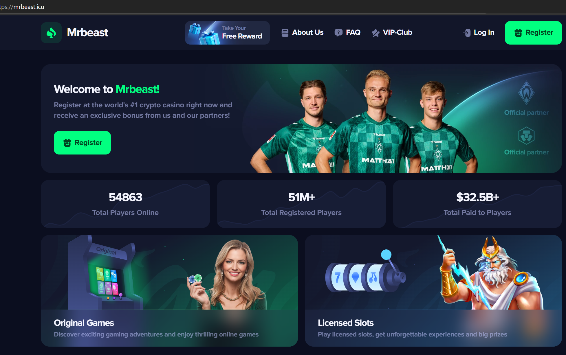 Screenshot of fake website mrbeast[.]icu being promoted in social media like Discord.