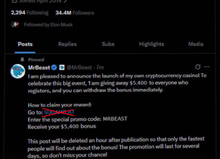 Fabricated tweet which does not exist with link to scam site. Fake followers and metrics