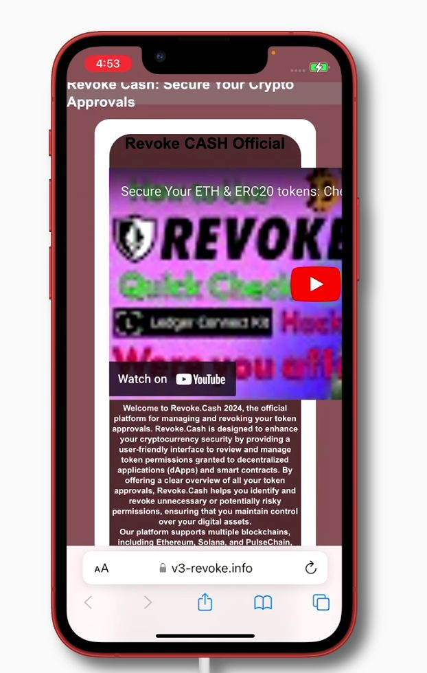 v3-revoke.info — a fake Revoke.cash site posing as an informational resource, designed to look legitimate on mobile where the URL is easy to miss.