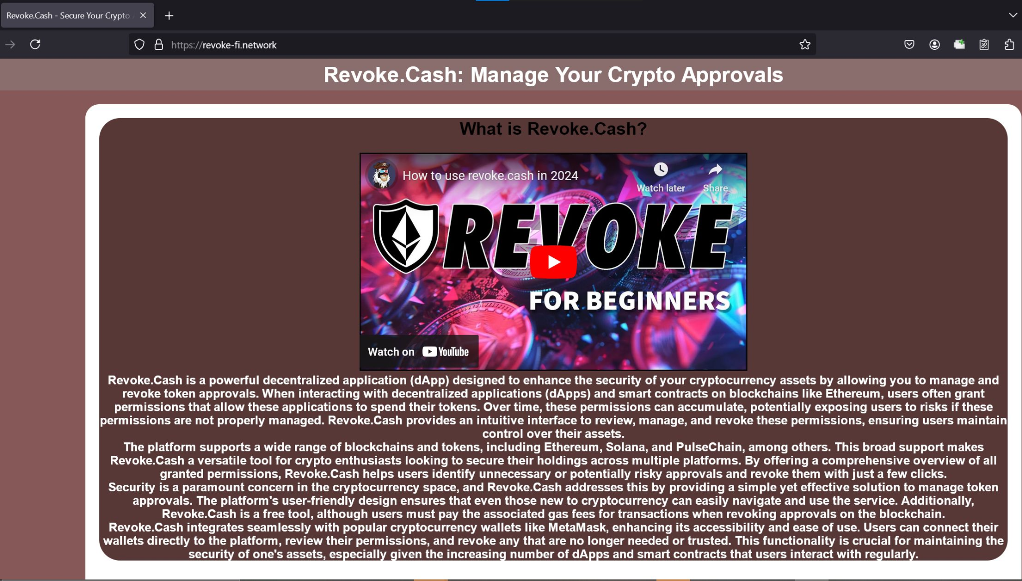 revoke-fi.network — a second variant of the fake, using a different deceptive domain while replicating the same Revoke.cash branding.