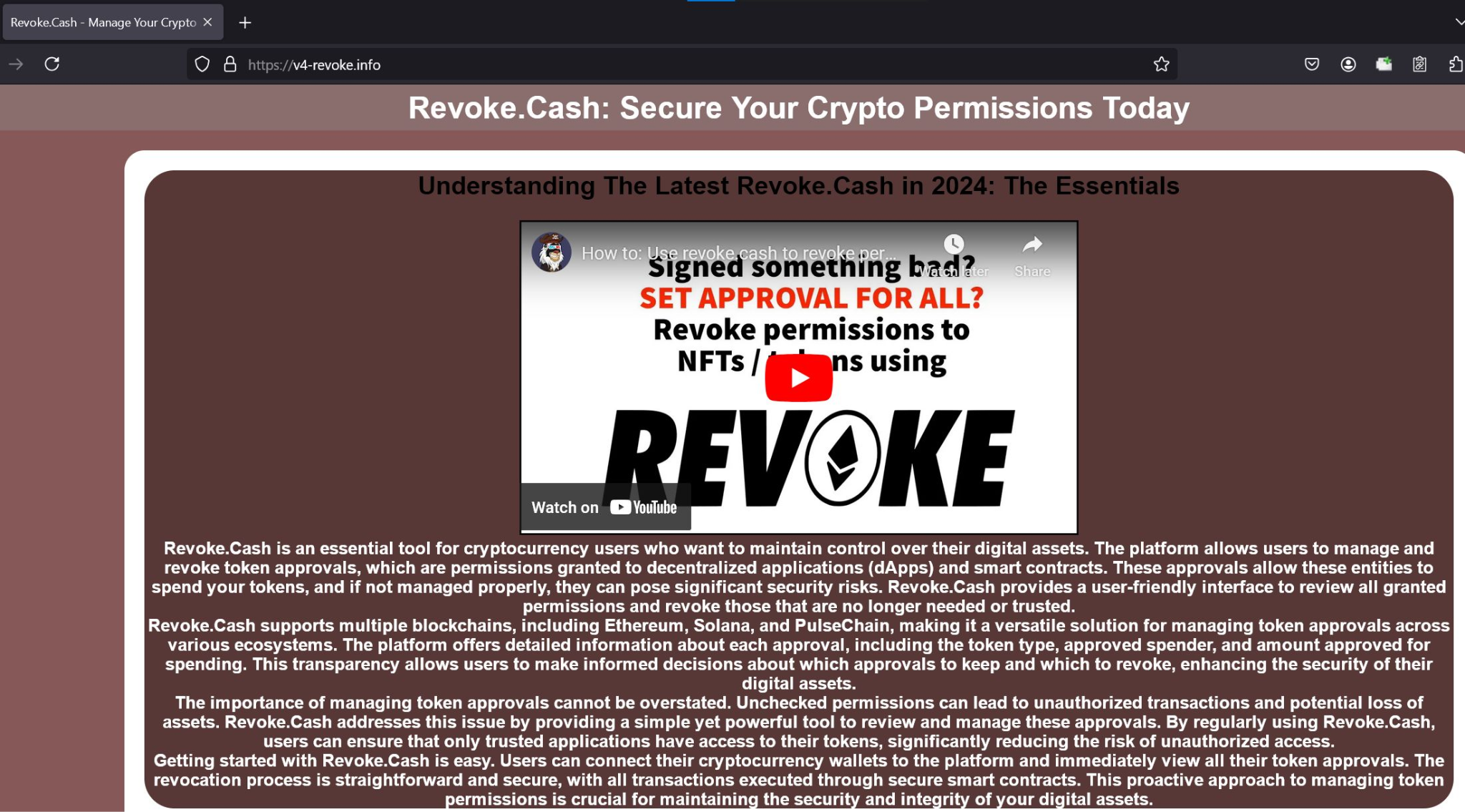 v4-revoke.info — weaponized fake: pixel-accurate copy of Revoke.cash content on a deceptive domain using a versioning string.