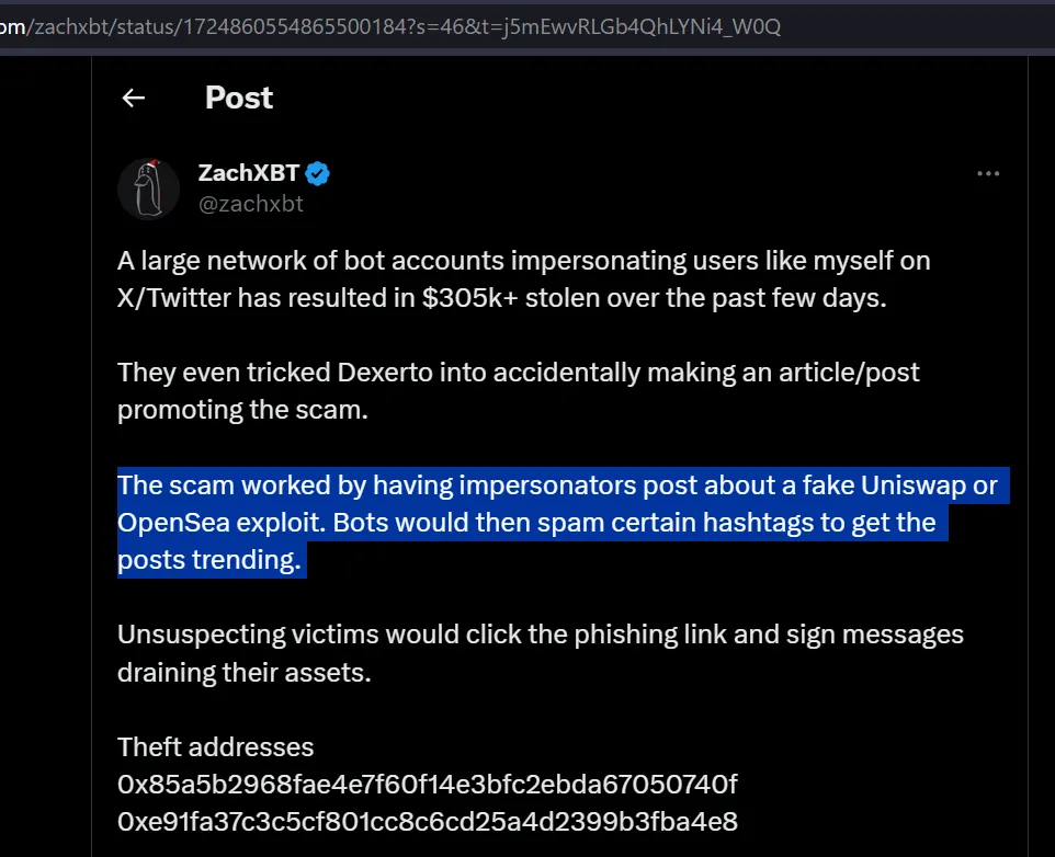 Real ZachXBT warning: bot accounts impersonating him to spread fake exploit alerts, directly linking to fake revoke.cash interfaces.