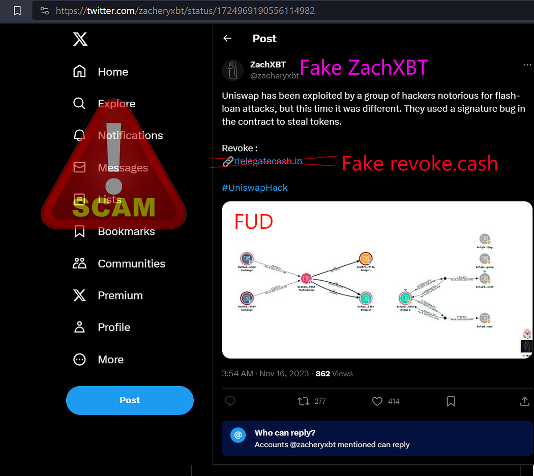Fake ZachXBT account posting a fabricated Uniswap exploit with a link to a fake revoke.cash interface. The attack is pure FUD.