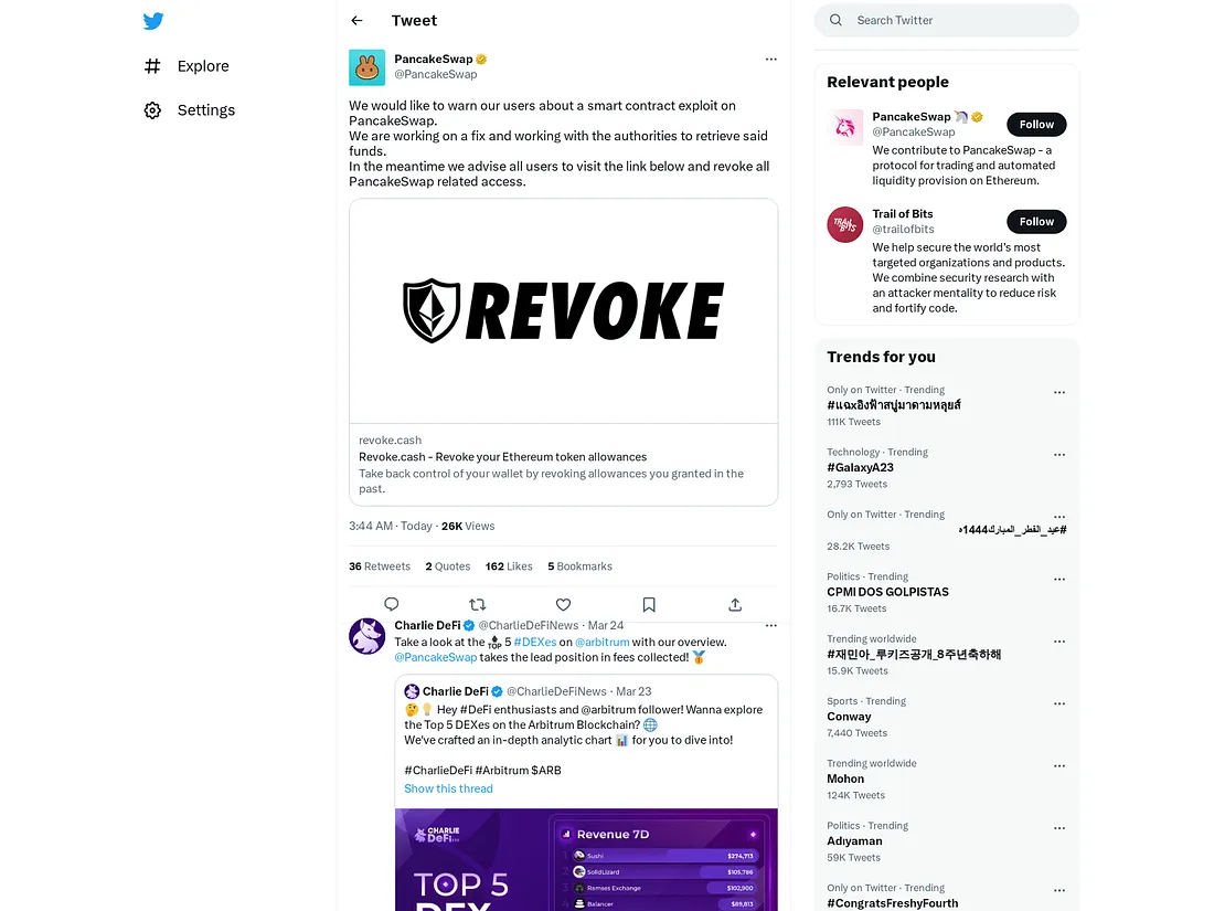 twitter.cn.com: a full fake Twitter/X clone hosting a fabricated PancakeSwap exploit warning. The card shows &ldquo;revoke.cash&rdquo; but the link resolves to manage-revoke.cash.
