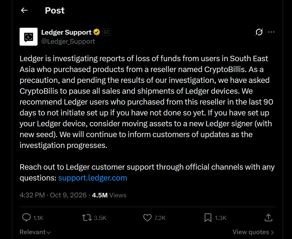 Ledger Support statement on X about the tampered devices