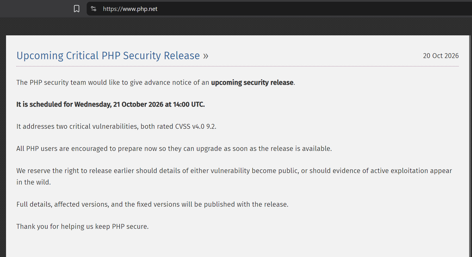 The php.net notice of 20 October 2026 announcing the critical security release scheduled for 21 October 2026 at 14:00 UTC