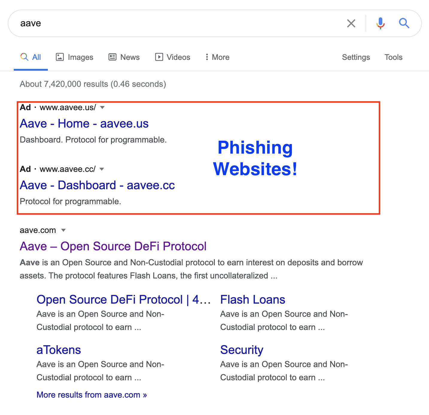 Google ad phishing attack targeting Aave