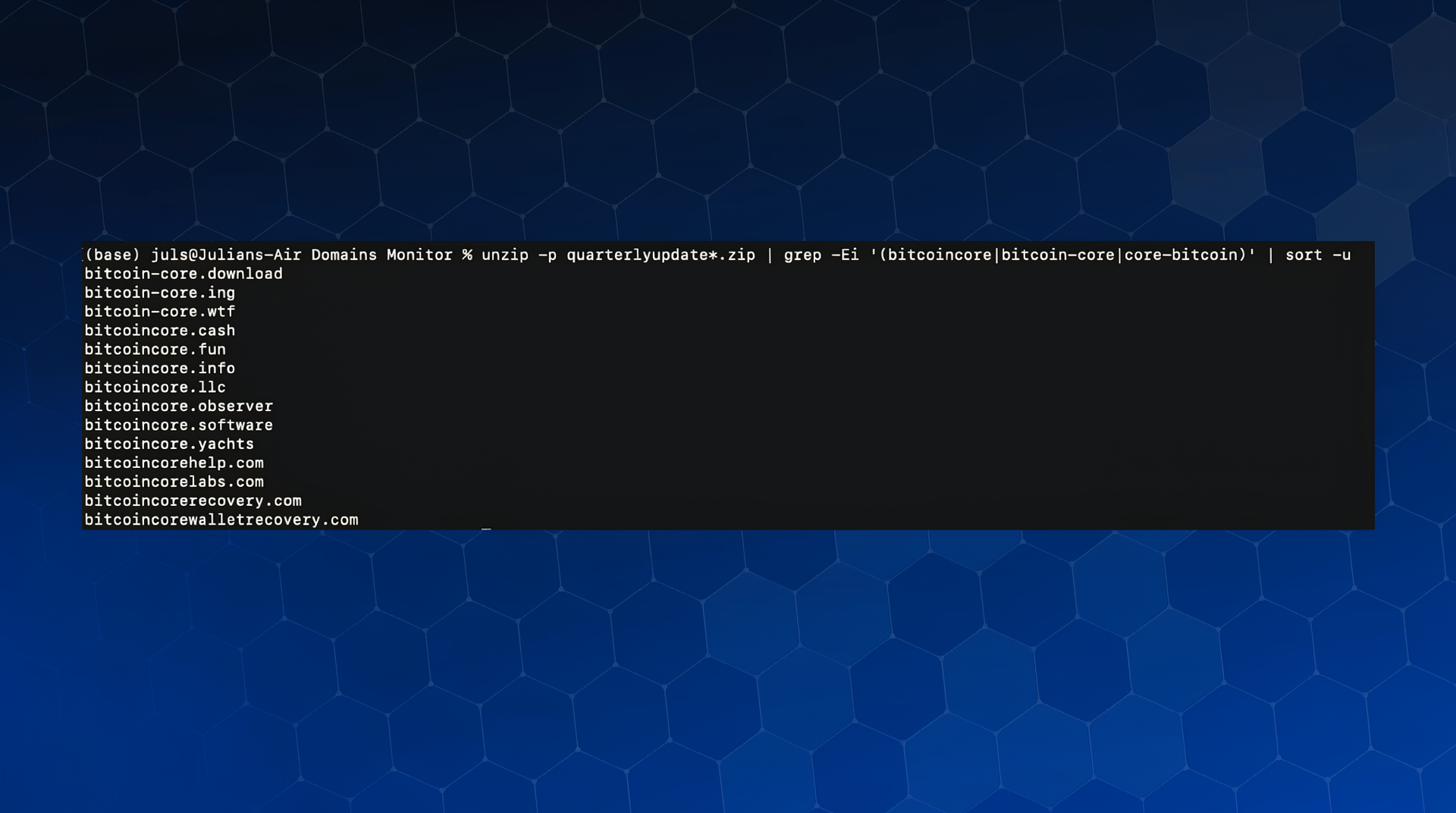 Newly registered domain monitoring output listing Bitcoin Core lookalike domains, including bitcoincore[.]yachts