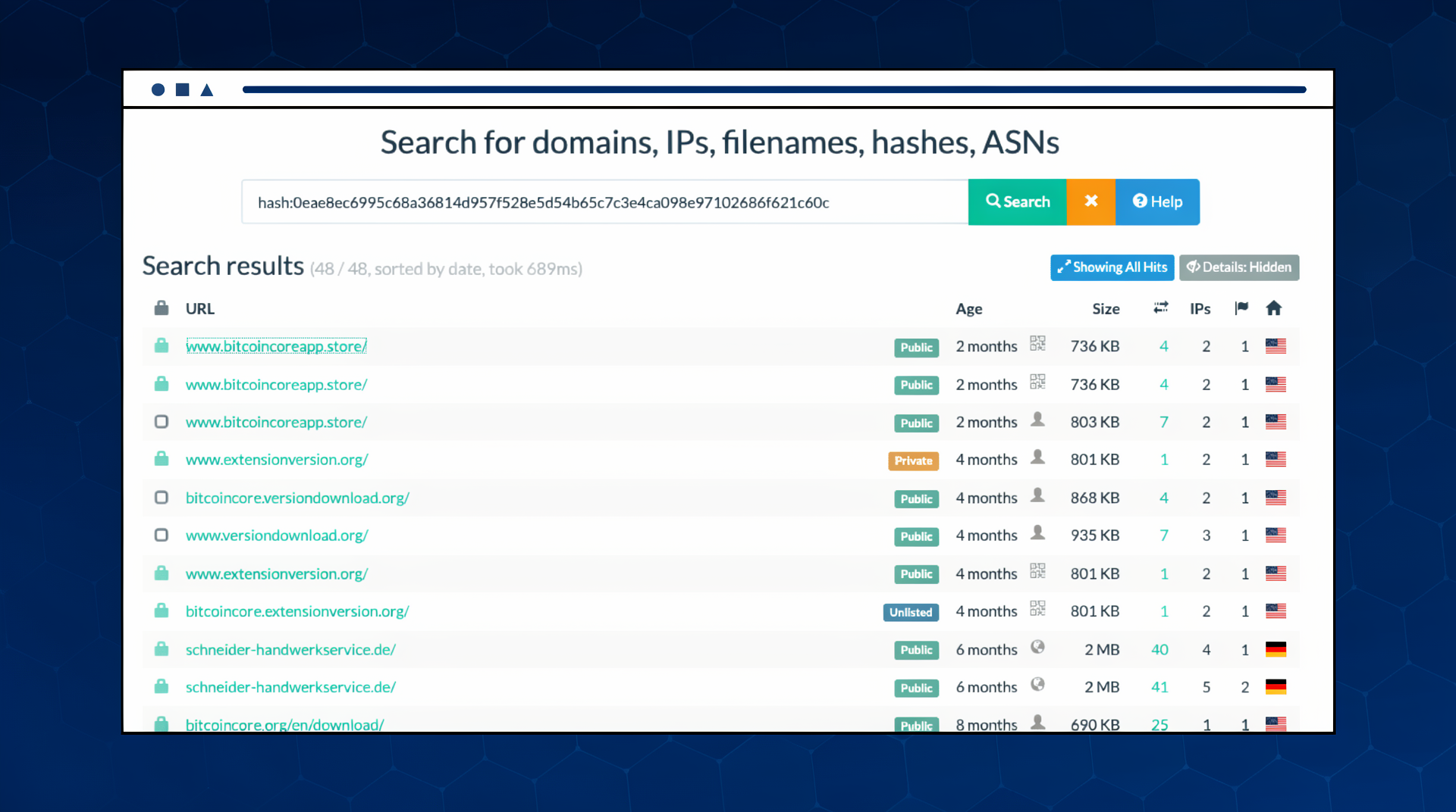 File hash search results listing bitcoincoreapp[.]store, bitcoincore[.]versiondownload[.]org and related phishing domains