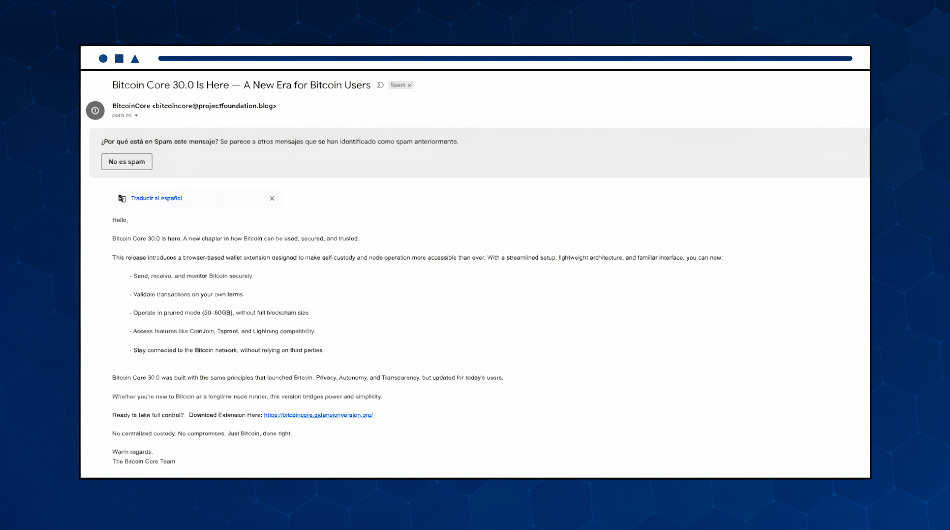 Phishing email from the spoofed Bitcoin Core Team announcing Bitcoin Core 30.0 with a &ldquo;Download Extension Here&rdquo; link