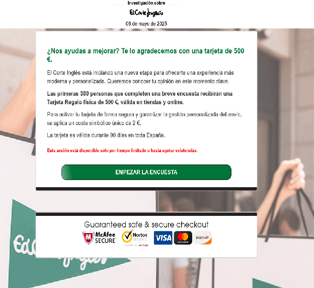 Deceptive landing page example showing payment form with brand impersonation