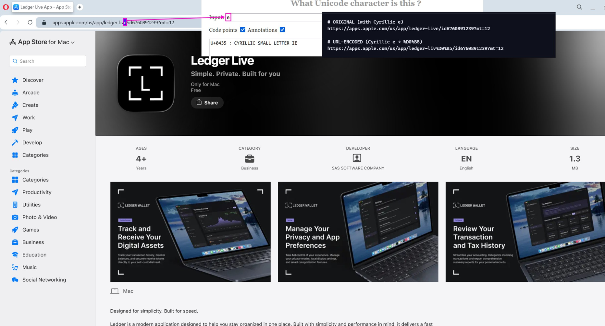 Fake Ledger Live app on the Apple App Store using Cyrillic character substitution