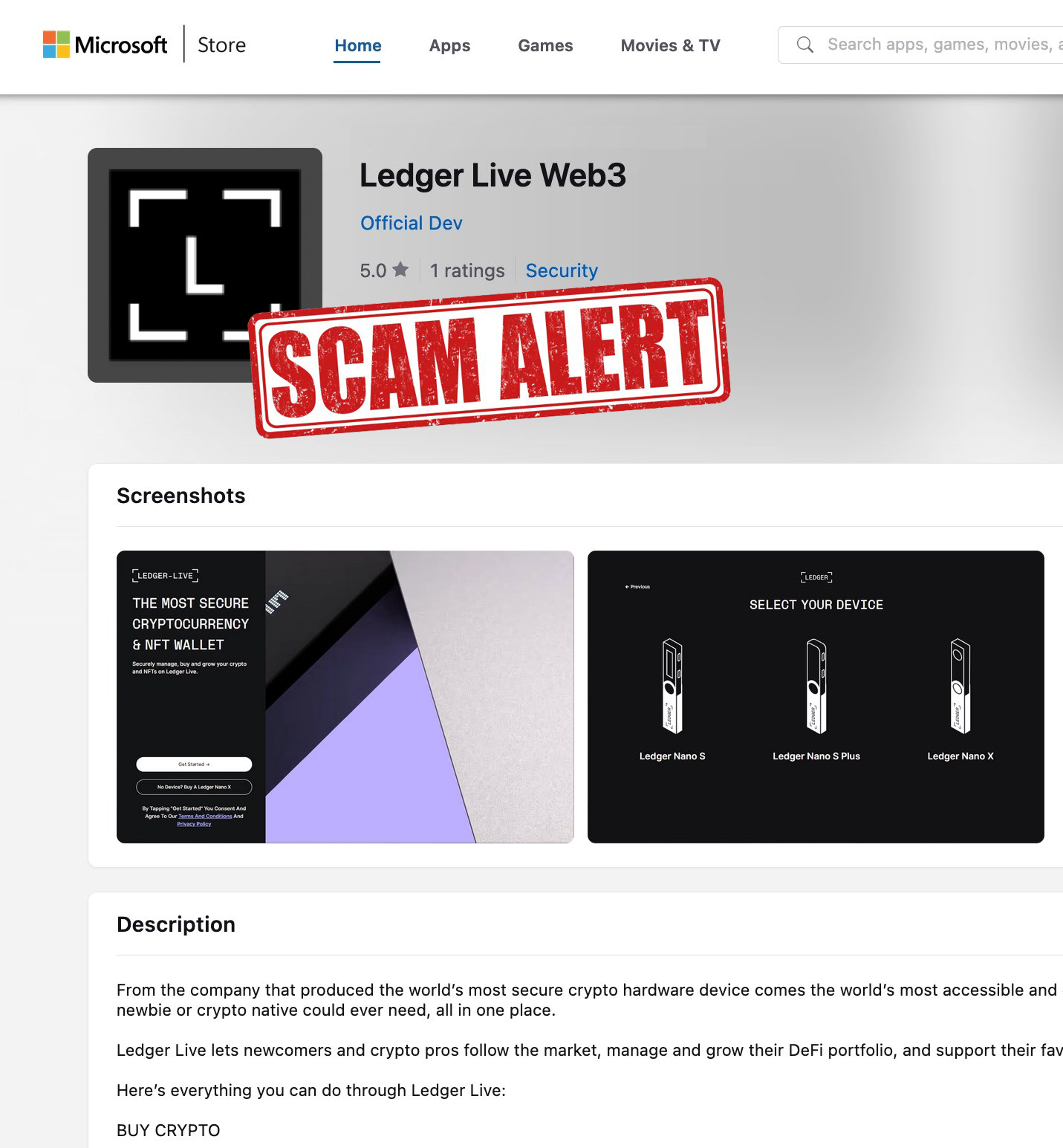 Fake Ledger Live app on the Microsoft Store with developer listed as &ldquo;Official Dev&rdquo;