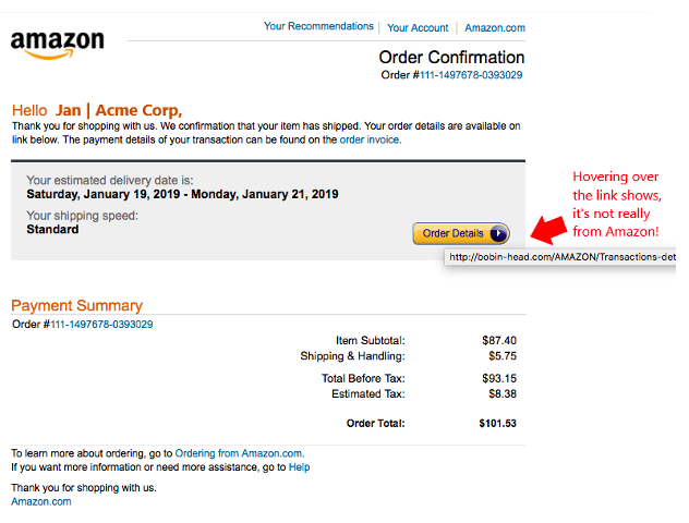 Example of phishing email impersonating a retailer