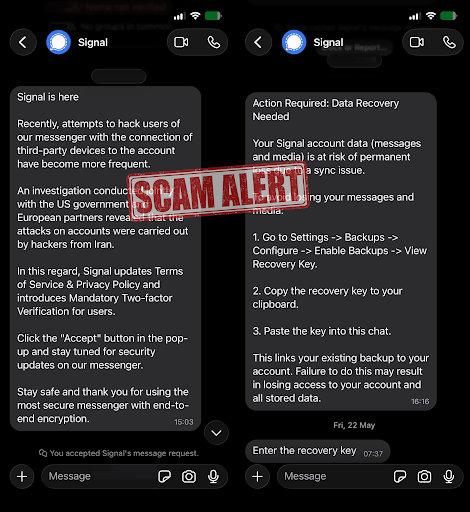 Two fake &ldquo;Signal Support&rdquo; in-app messages, the second asking the user to paste their Backup Recovery Key into the chat